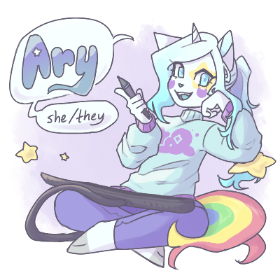 ary leaning on a star while sitting crisscrossed. with a drawing tablet in their lap and tablet pen in hand, they're pointing at a speech bubble saying "Ary, she/they"